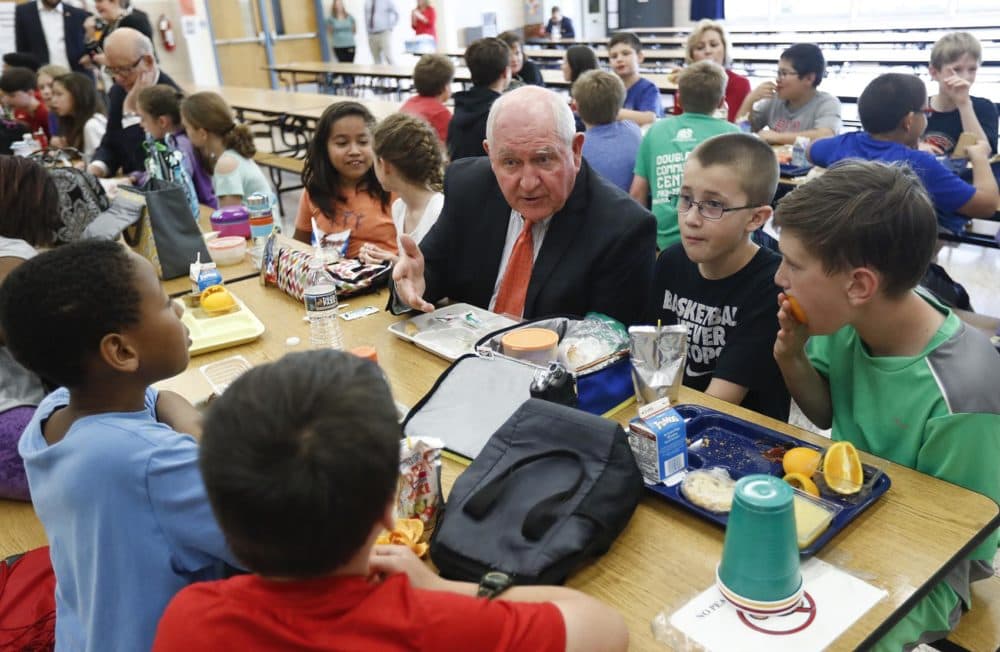 Agriculture Secretary Sonny Perdue has lunch with students in the cafeteria at Catoctin Elementary School in Leesburg, Va., Monday, May 1, 2017, after he unveiled a new rule on school lunches as the Trump administration and other Republicans press for flexibility after eight years of the Obama's emphasis on health eating. (Carolyn Kaster/AP)