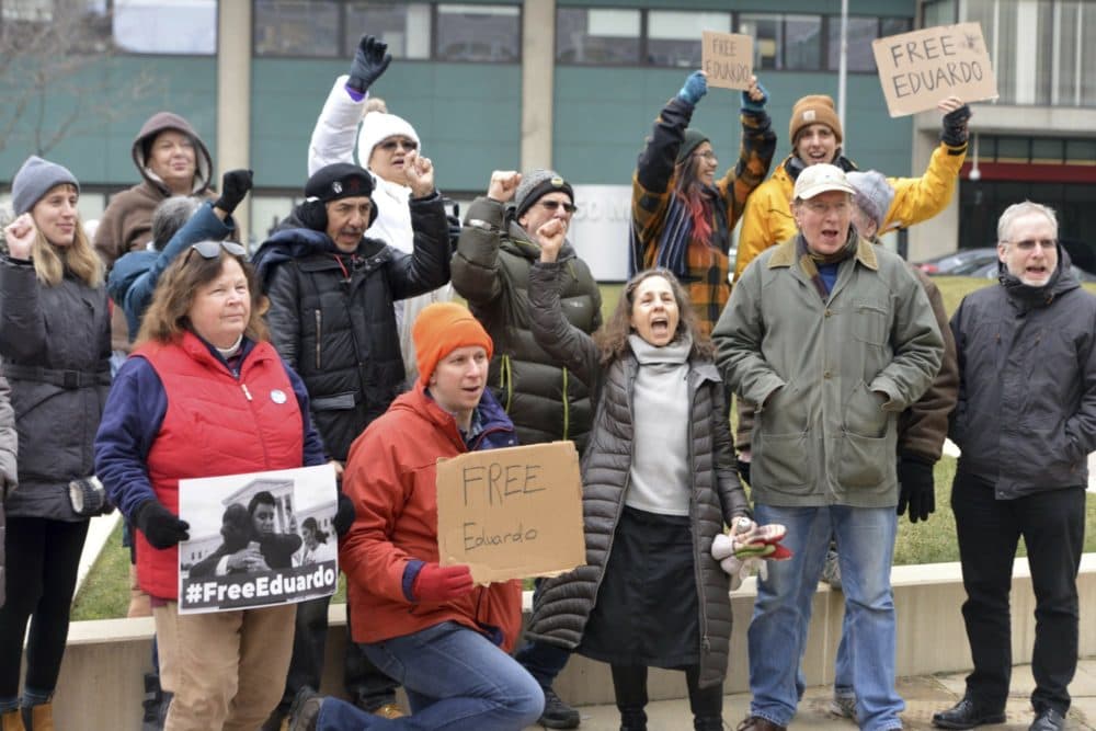 Supporters of immigrant right advocate Eduardo Samaniego gathered to present a petition with 9,000 signature asking for his release to the U.S. Customs Enforcement office on Wednesday in Springfield. (Don Treeger/The Republican via AP)