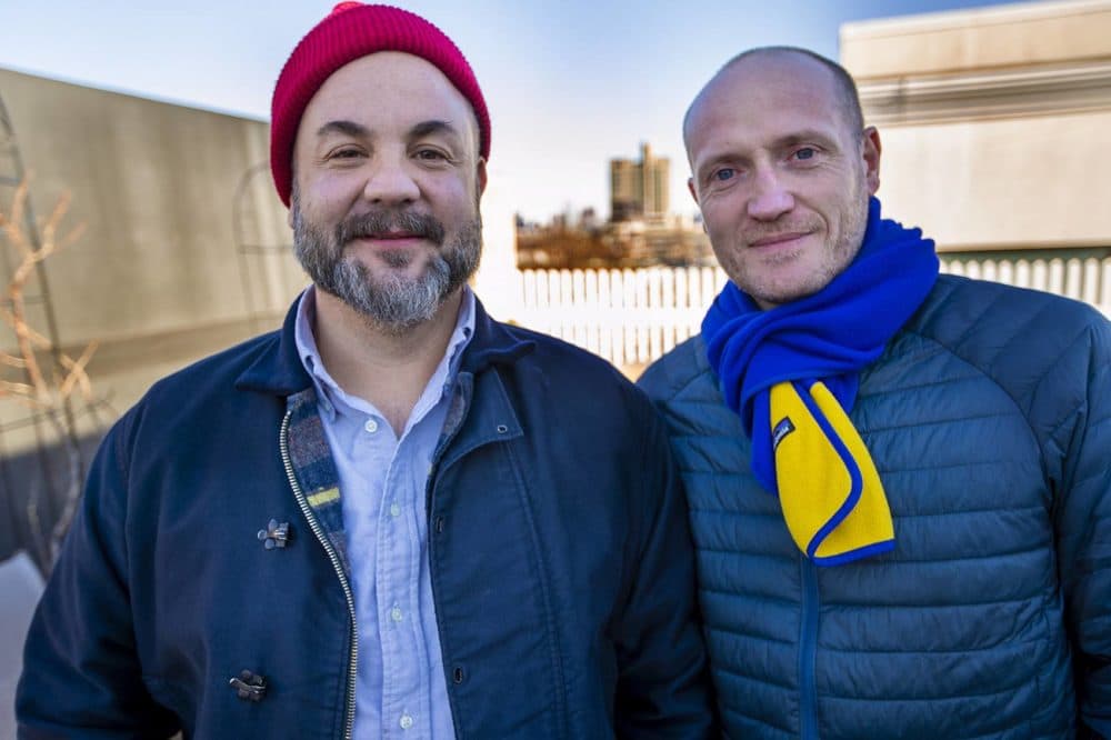 Wayne creator Shawn Simmons, left, with director Iain MacDonald. (Jesse Costa/WBUR)