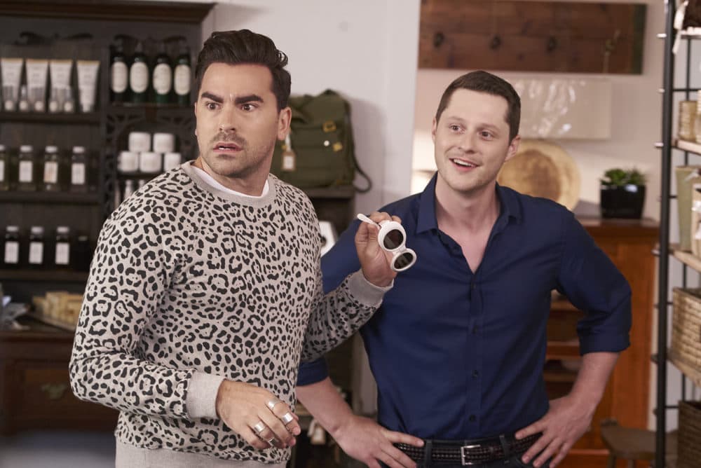 David (Daniel Levy, left) and Patrick (Noah Reid), in a scene from season 4 of &quot;Schitt's Creek.&quot; (Courtesy of POPtv)