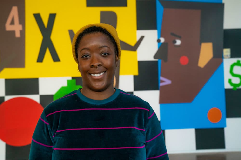 Nina Chanel Abney in front of her self-titled installation at the ICA. (Courtesy Ernesto Galan)