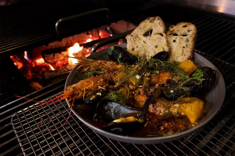 Trillium Fort Point's Fish Stew with Grilled Prawns and Mussels. (Jesse Costa/WBUR)