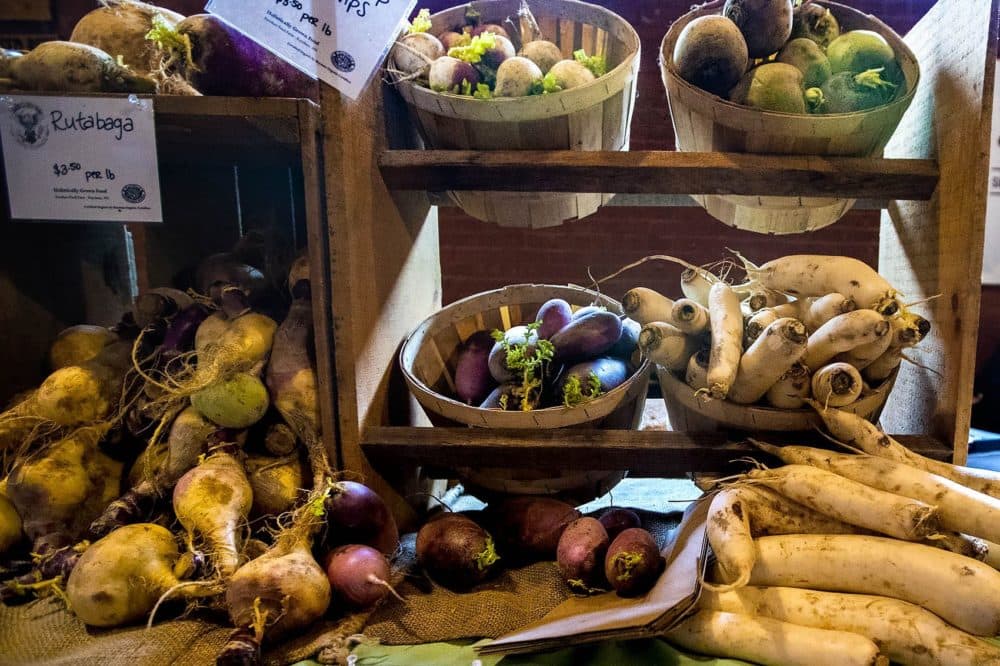 Assorted root vegetables at the Freedom Food Farm stand at the Somerville Winter Farmers Market. (Jesse Costa/WBUR)