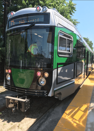 A view of a &quot;Type 9 LRT&quot; car being tested on the Green Line last year. (Courtesy MBTA)