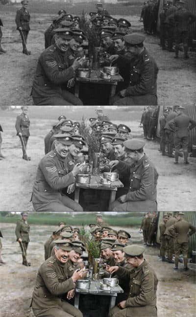 The progression from the original to the final colorized image in a moment from “They Shall Not Grow Old.&quot; (Courtesy Warner Bros. Pictures)