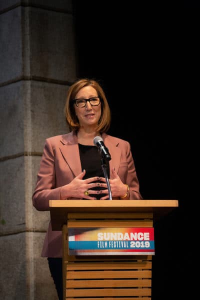 Sundance Institute Executive Director Keri Putnam speaks at the festival's opening day. (Courtesy Duston Todd/Sundance Institute)