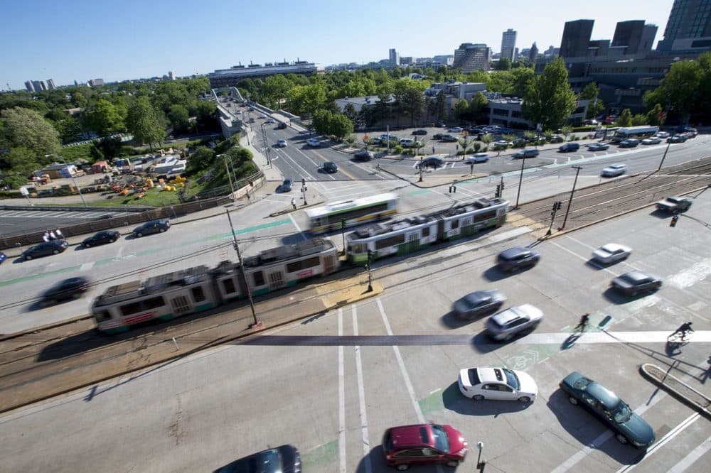 The Commonwealth Avenue Bridge which spans the Massachusetts Turnpike and intersects with the Boston University Bridge and Essex Street. (Jesse Costa/WBUR)