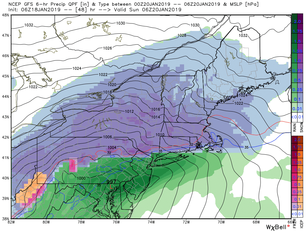 Snow will be falling heavily by around midnight Saturday. (Courtesy WeatherBell)