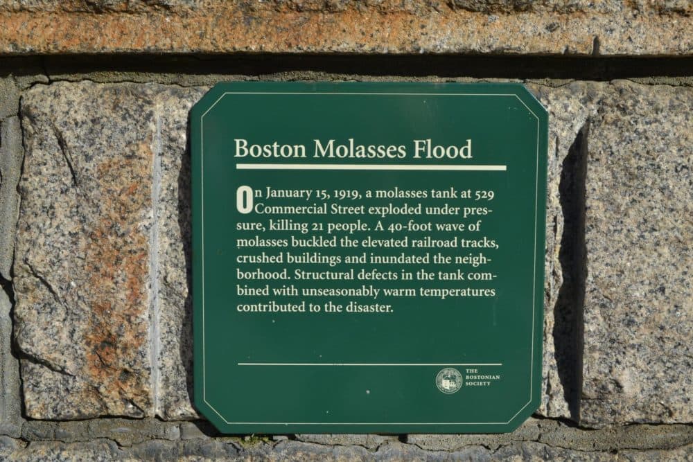 A plaque commemorates the Boston Molasses Flood. (Julia Press/WNPR)