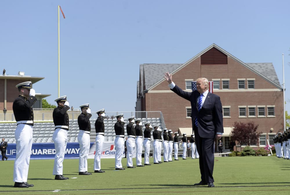 President Donald Trump waves as he arrives to give the commencement address at the U.S. Coast Guard Academy, Wednesday, May 17, 2017, in New London, Conn. (Susan Walsh/AP)