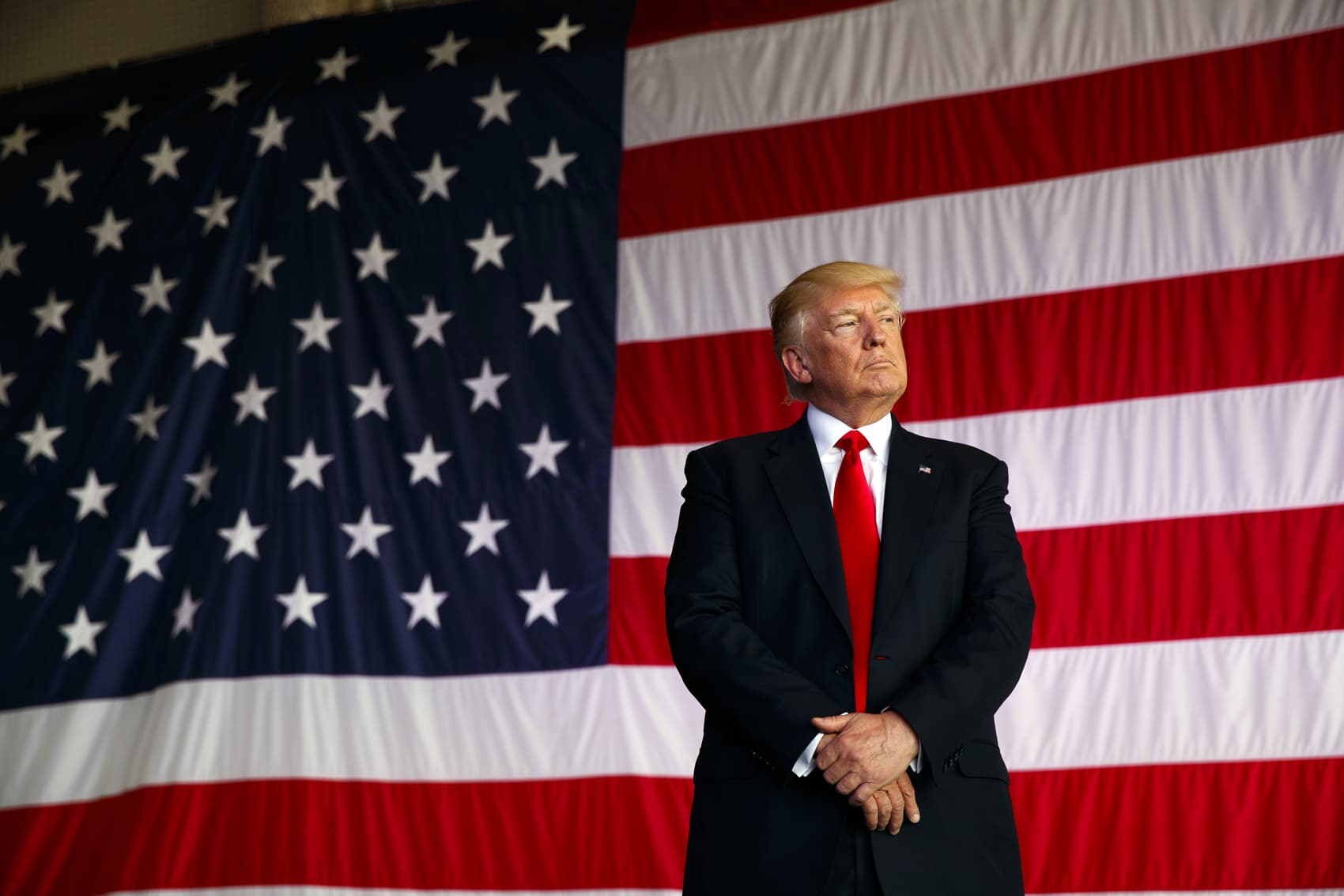 President Donald Trump is introduced to speak to U.S. military troops at Naval Air Station Sigonella, Saturday, May 27, 2017, in Sigonella, Italy. (Evan Vucci/AP)