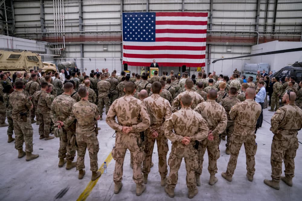Secretary of State Mike Pompeo speaks to coalition forces at Bagram Air Base, Afghanistan, Monday, July 9, 2018. (Andrew Harnik, Pool/AP)