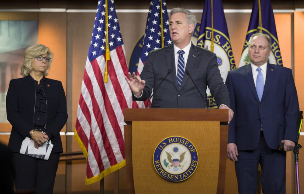 House Minority Leader Kevin McCarthy of Calif., center, speaks accompanied by House Republican Conference chair Rep. Liz Cheney, R-Wyo., left, and House Minority Whip Steve Scalise of La., during a news conference on Capitol Hill, Tuesday, Jan. 15, 2019 in Washington. (Alex Brandon/AP)