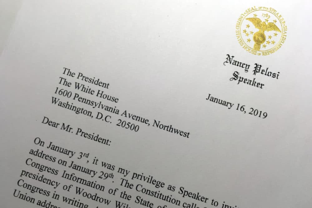 A portion of a letter sent to President Donald Trump from House Speaker Nancy Pelosi, Wednesday, Jan. 16, 2019 in Washington. Pelosi has asked President Trump to postpone his State of the Union address to the nation, set for Jan. 29, until the government reopens. (Wayne Partlow/AP)