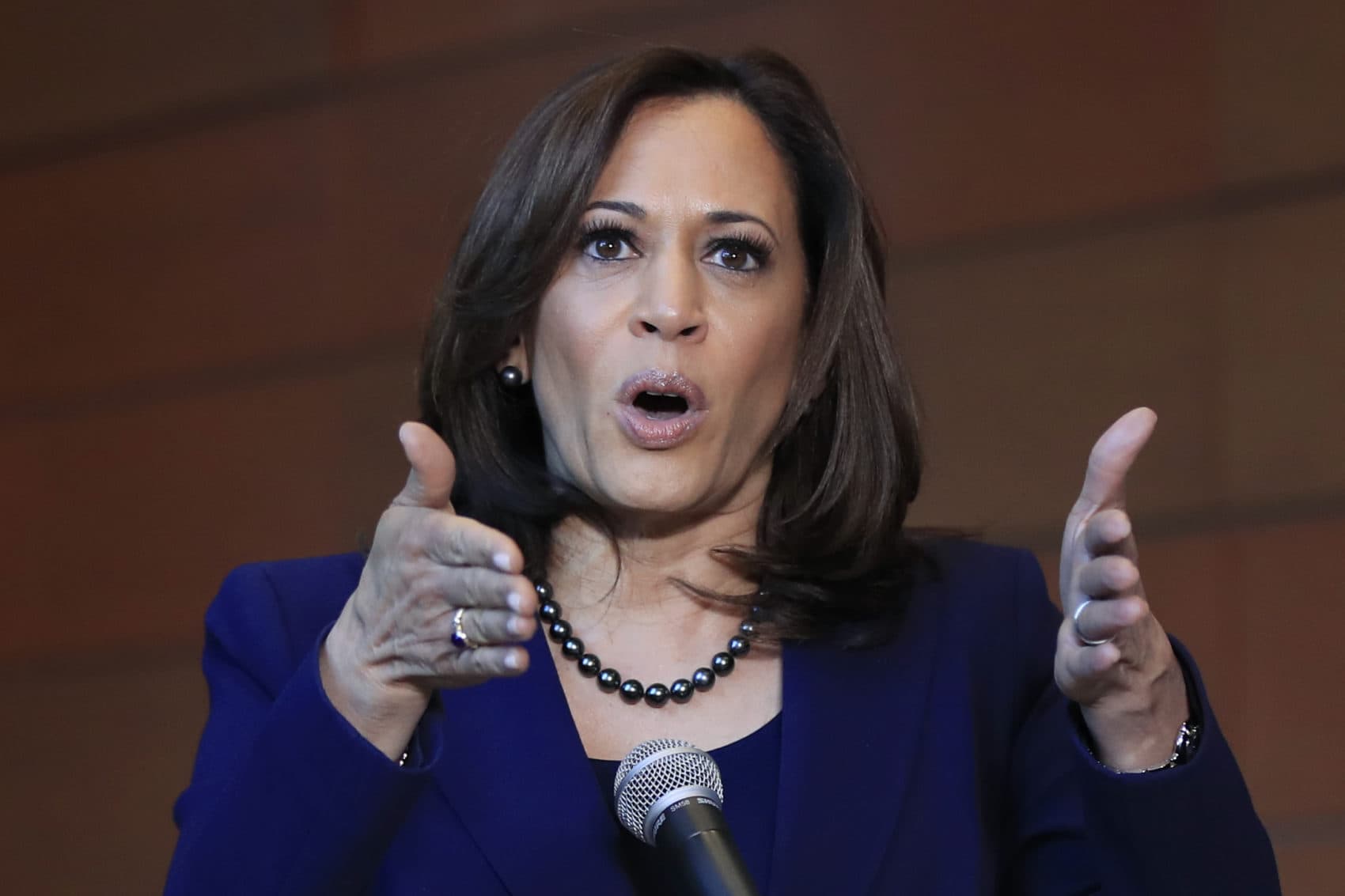 Sen. Kamala Harris, D-Calif., speaks to members of the media at her alma mater, Howard University, Monday, Jan. 21, 2019 in Washington, following her announcement earlier in the morning that she will run for president. (Manuel Balce Ceneta/AP)