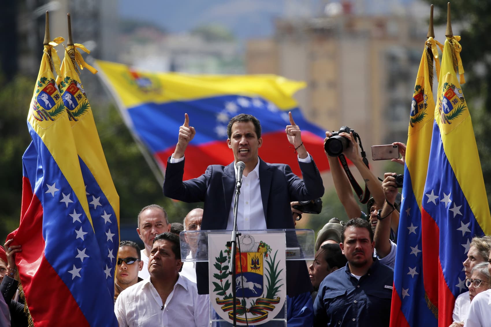 Juan Guaido, head of Venezuela's opposition-run congress, declares himself interim president of the nation until elections can be held during a rally demanding President Nicolas Maduro's resignation in Caracas, Venezuela, Wednesday, Jan. 23, 2019. (Fernando Llano/AP)