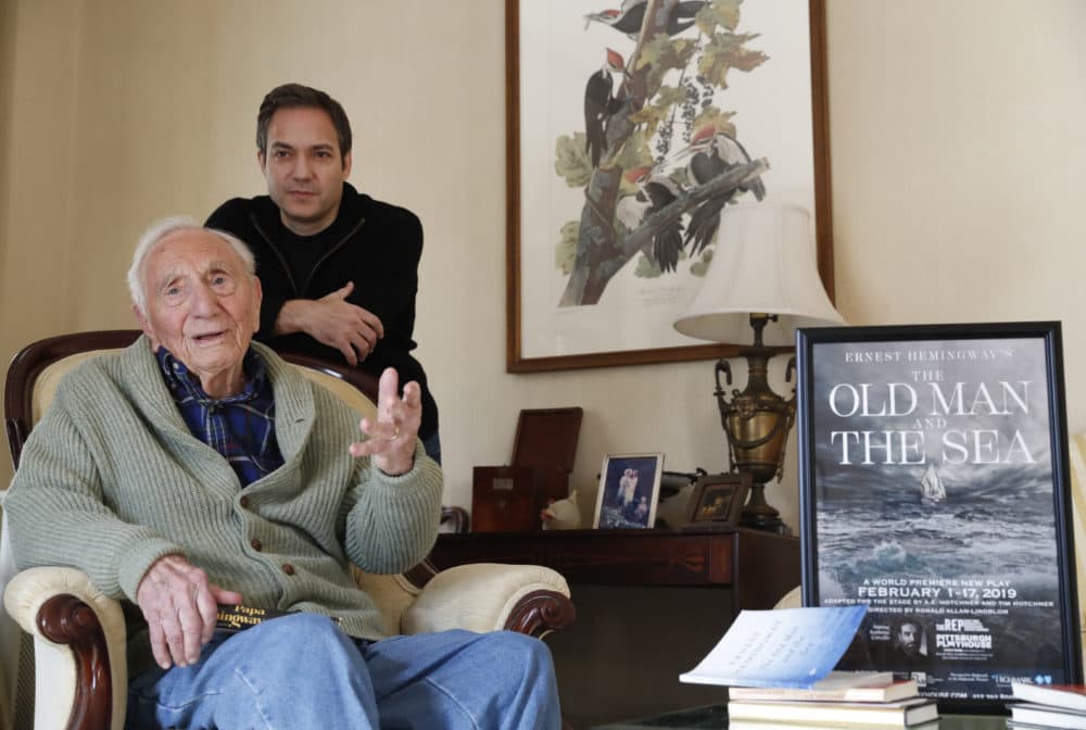 Ernest Hemingway's close friend and biographer A.E. Hotchner, left, and his son Tim Hotchner, a documentary filmmaker and writer, chat during an interview with The Associated Press, Tuesday, Jan. 22, 2019, at the family's home in Westport, Conn. (Kathy Willens/AP)