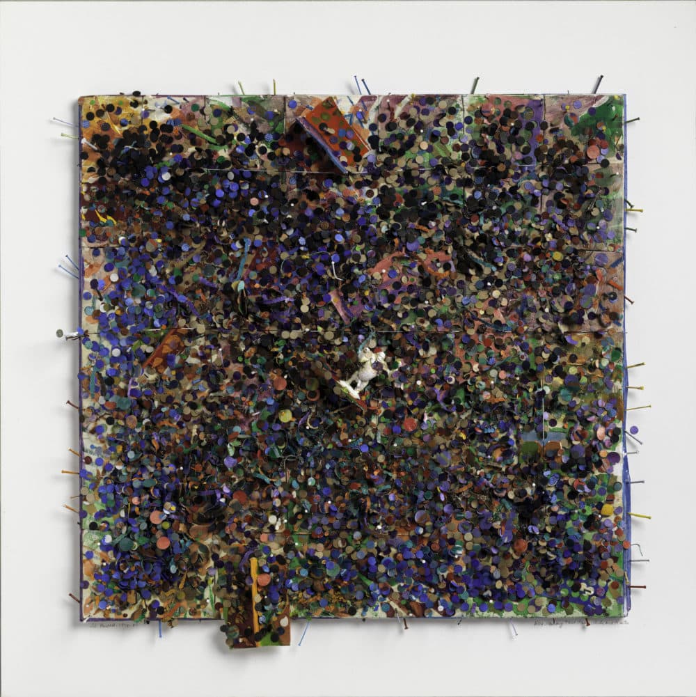 Howardena Pindell's &quot;Memory Test: Free, White &amp; Plastic (#114),&quot; made in 1979-'80 out of cut and pasted and painted punched paper, acrylic, watercolor, gouache, ink, thread, nails, mat board, spray adhesive and plastic on cardboard. (Courtesy Metropolitan Museum of Art, New York, Arthur Hoppock Hearn Fund, The Metropolitan Museum of Art)