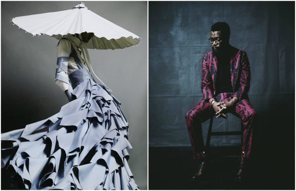 Alessandro Trincone's &quot;Annodami&quot; and a suit from the Born Between Borders collection. (Courtesy MFA)