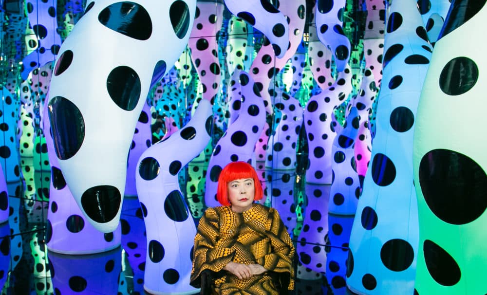 Yayoi Kusama sitting in &quot;Love is Calling&quot; during her solo exhibition at David Zwirner in New York. (Courtesy David Zwirner)