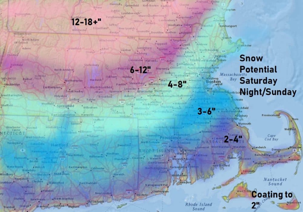 Snow will fall heavily before changing to sleet Sunday morning. (Dave Epstein/WBUR)