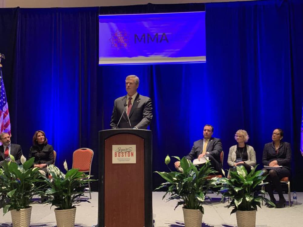 Gov. Charlie Baker speaks Friday at the Massachusetts Municipal Association's annual meeting to unveil plans to invest in climate change initiatives and bring more local aid funds to the state's towns and cities. (Courtesy Gov. Baker's office)