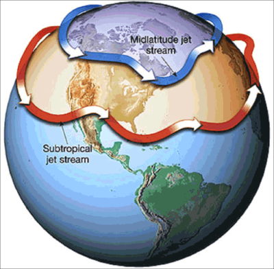 The jet streams are bands of winds that circle the planet in various configurations. (Courtesy of NOAA)