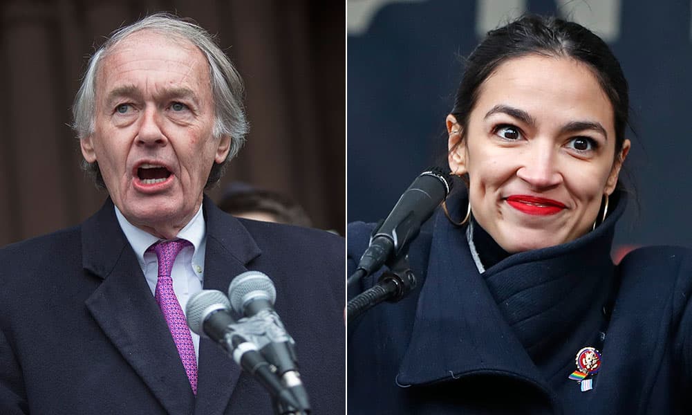 U.S. Sen. Edward Markey and U.S. Rep. Alexandria Ocasio-Cortez (Jesse Costa/WBUR; Kathy Willens/AP)