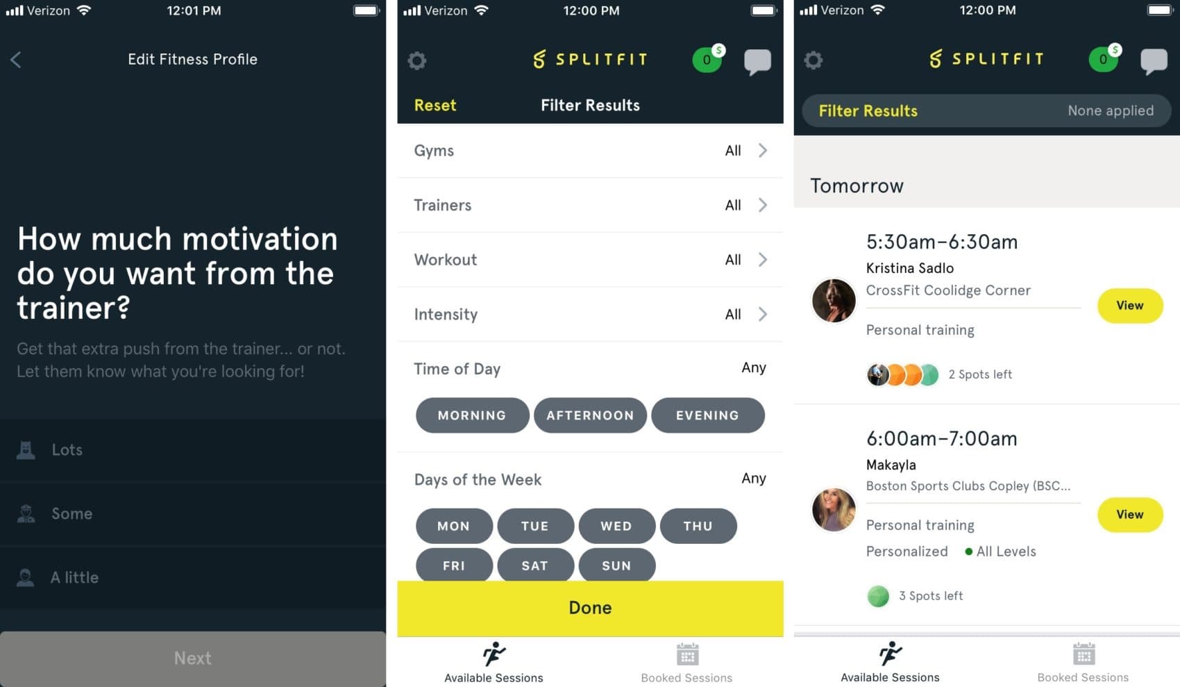 Screenshots from the SplitFit app
