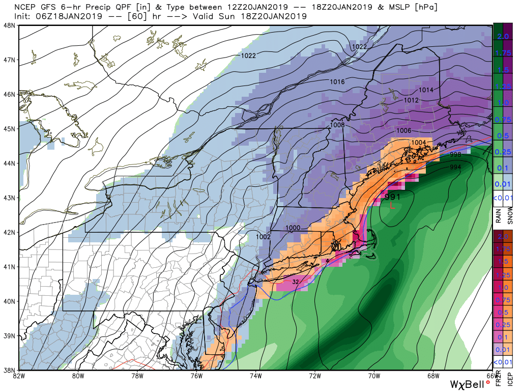 A period of sleet, noted in orange is likely Sunday. The more mixing we see, the less snow there will be. (Courtesy WeatherBell)