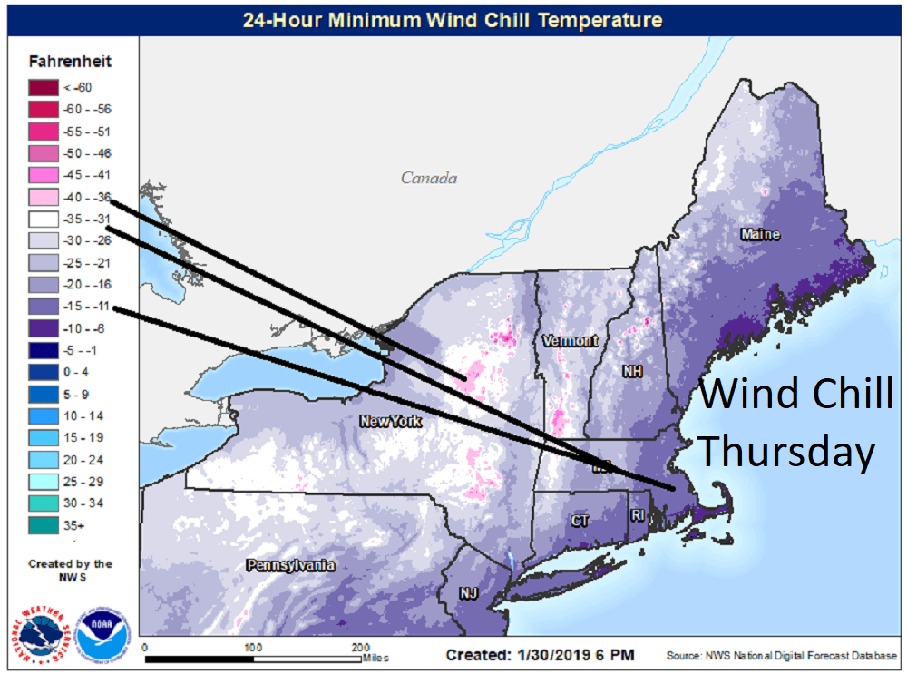 Wind chill readings will be below zero much of the day Thursday. (Courtesy NOAA)