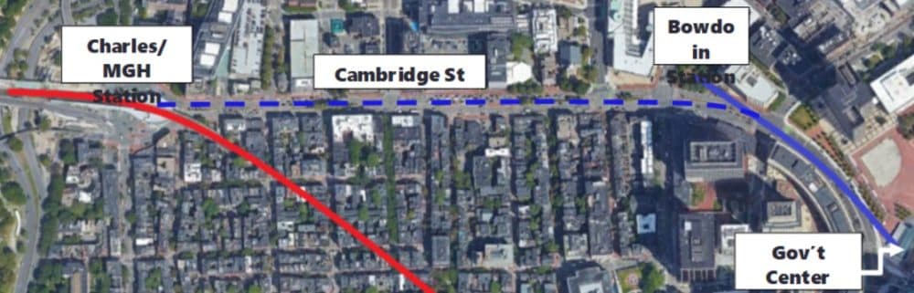 A proposed Red-Blue connector would link the Bowdoin and Charles Street MBTA stations. (Courtesy MassDOT)