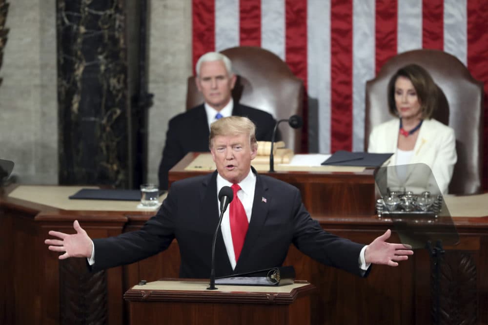 President Trump delivers his State of the Union address to a joint session of Congress on Capitol Hill in Washington, as Vice President Mike Pence and Speaker of the House Nancy Pelosi, D-Calif., watch on Feb. 5, 2019. (Andrew Harnik/AP)