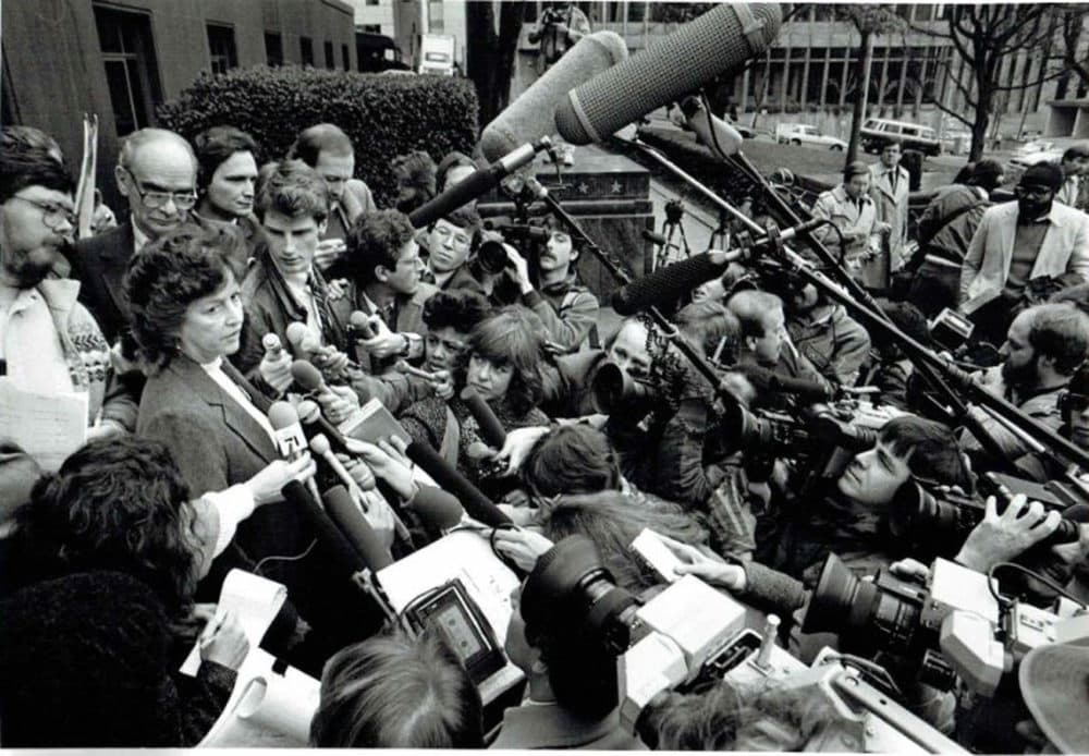David Boeri, left of cameraman in the far center, at the trial of neo-Nazis in Seattle, Wa. in 1985. (Courtesy David Boeri)