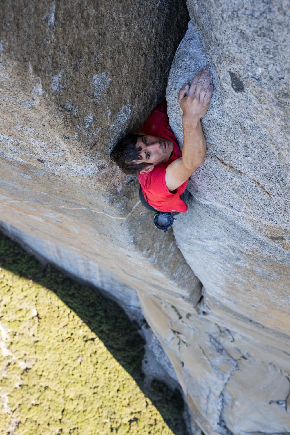 Alex Honnold free soloing the Scotty-Burke offwedth pitch of Freerider on Yosemite's El Capitan. (Jimmy Chin/Courtesy of National Geographic)