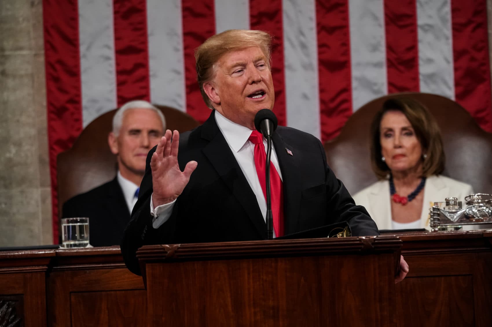 President Trump, with Speaker Nancy Pelosi and Vice President Mike Pence looking on, delivers the State of the Union address in the chamber of the House of Representatives at the U.S. Capitol on Feb. 5, 2019 in Washington, D.C. (Doug Mills-Pool/Getty Images)