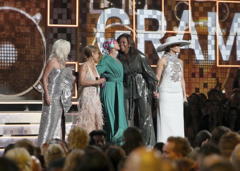 Lady Gaga, Jada Pinkett Smith, Alicia Keys, Michelle Obama and Jennifer Lopez at the start of the Grammys. (Matt Sayles/Invision/AP)