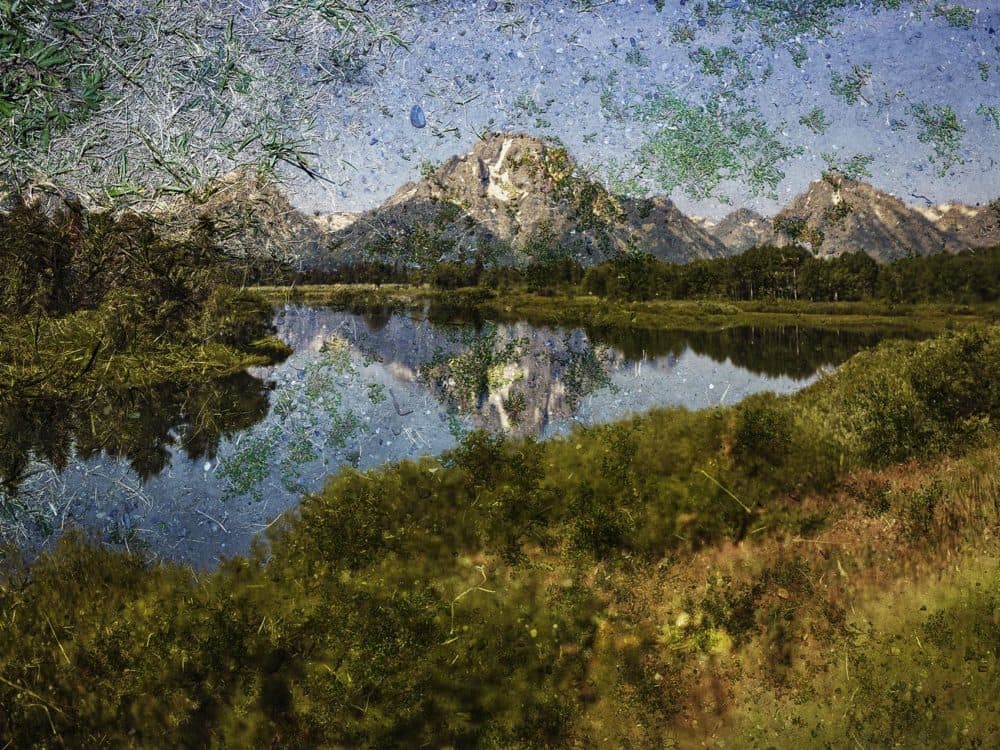 Abelardo Morell's tent-camera image on the ground, titled &quot;View of Mount Moran and the Snake River from Oxbow Bend, Grand Teton National Park, Wyoming.&quot; (Courtesy Museum of Fine Arts, Boston)