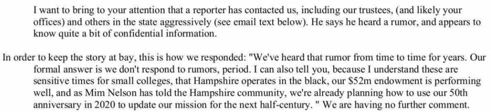 An excerpt from an email sent by Hampshire College President Miriam Nelson on Jan. 10 to the UMass Amherst chancellor, the presidents of Smith, Amherst and Mount Holyoke colleges, and the executive director of the Five College Consortium. (Screenshot via New England Public Radio)