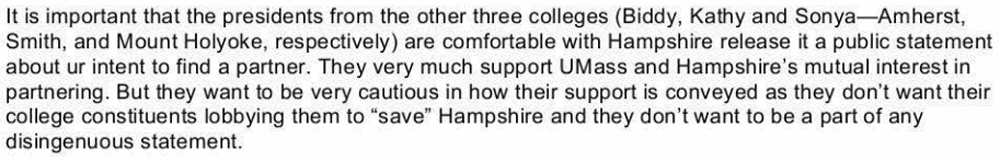 An excerpt from an email sent by Hampshire College President Miriam Nelson on Jan. 10 to public relations officials for UMass and Hampshire. (Screenshot via New England Public Radio)