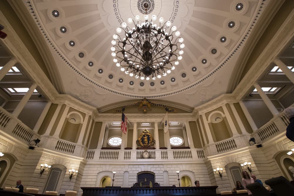The antique chandelier that hangs in the chamber. (Jesse Costa/WBUR)