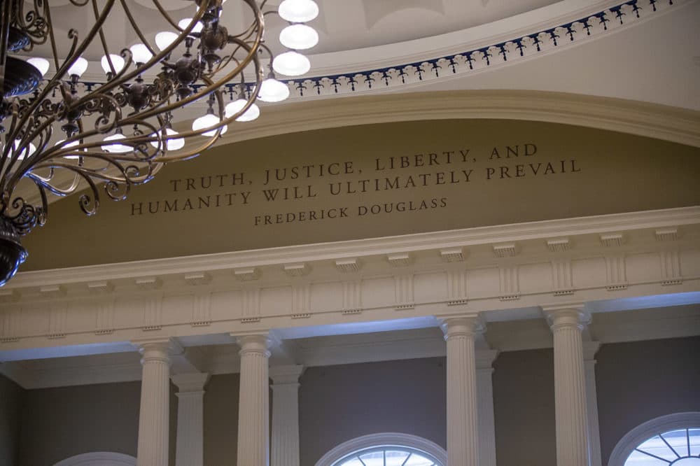 A quote by Frederick Douglass is now imprinted onto onto the south wall of the Senate chamber. (Jesse Costa/WBUR)