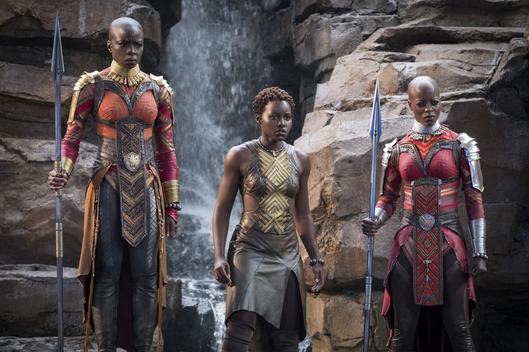 Danai Gurira, Lupita Nyong'o and Florence Kasumba in &quot;Black Panther.&quot; (Matt Kennedy/Disney/Marvel Studios via AP)