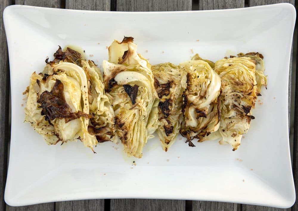 Chef Kathy Gunst’s roasted cabbage with chive-mustard-caper vinaigrette. (Robin Lubbock/WBUR)