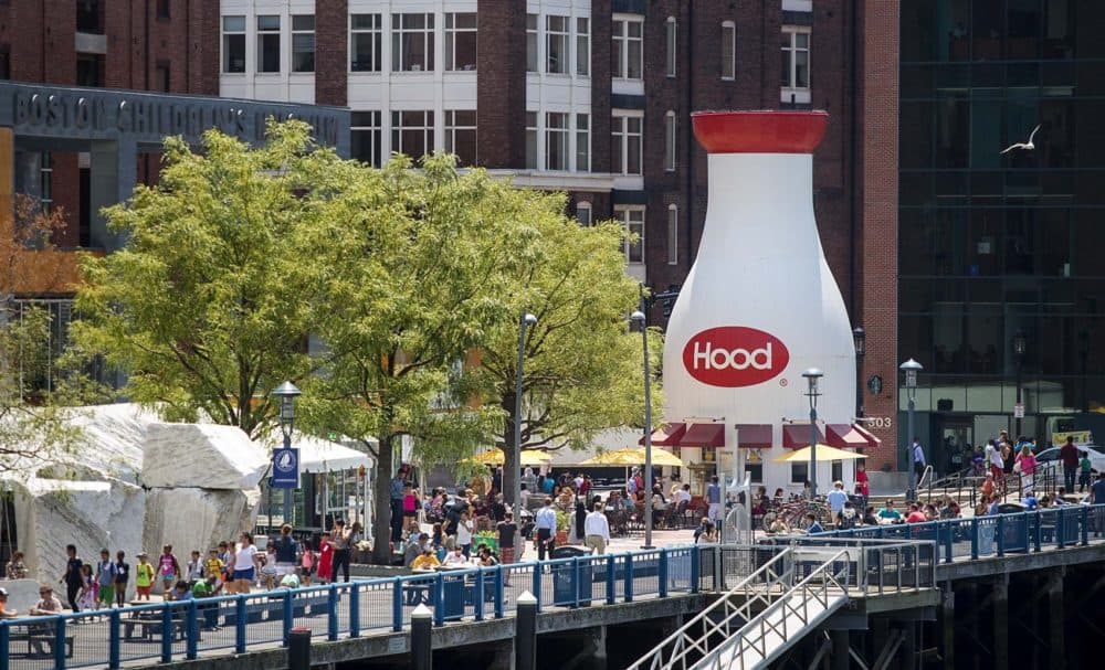 The Giant Hood Milk Bottle beside the Boston Children's Museum on Fort Point Channel. (Jesse Costa/WBUR)