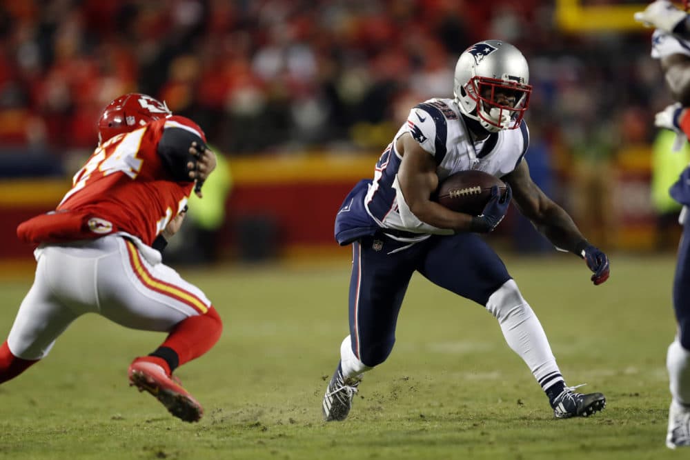 Patriots running back James White runs during the AFC Championship against the Chiefs. (Jeff Roberson/AP)