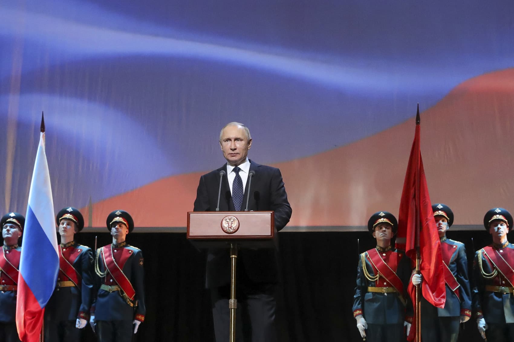 Russian President Vladimir Putin delivers his speech prior to a concert in St. Petersburg, Russia, Sunday, Jan. 27, 2019. (Mikhail Klimentyev, Sputnik, Kremlin Pool Photo via AP)