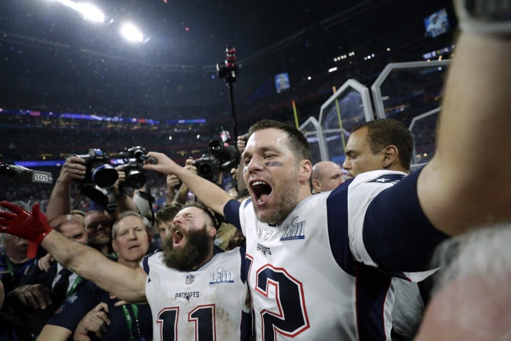 New England Patriots' Julian Edelman, left, and Tom Brady celebrate after the NFL Super Bowl 53 football game against the Los Angeles Rams, Sunday, Feb. 3, 2019, in Atlanta. (David J. Phillip/AP)