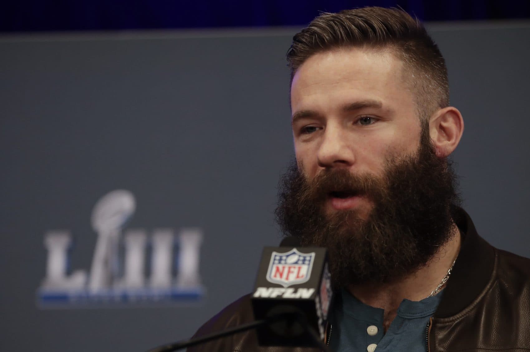New England Patriots wide receiver Julian Edelman on Monday, Feb. 4, 2019, before shaving his beard on The Ellen DeGeneres Show. (Morry Gash/AP)