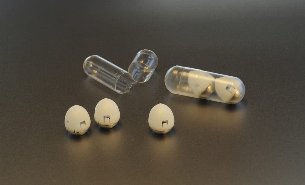 This undated photo provided by researchers in February 2019 shows the components of swallowable self-righting device which can inject drugs from inside the stomach. The new invention, reported Thursday, Feb. 7, 2019, by an MIT-led research team, has been tested only in animals so far. But if it pans out, it might offer a work-around to make not just insulin but a variety of usually injected medicines a little easier to take. (Felice Frankel via AP)